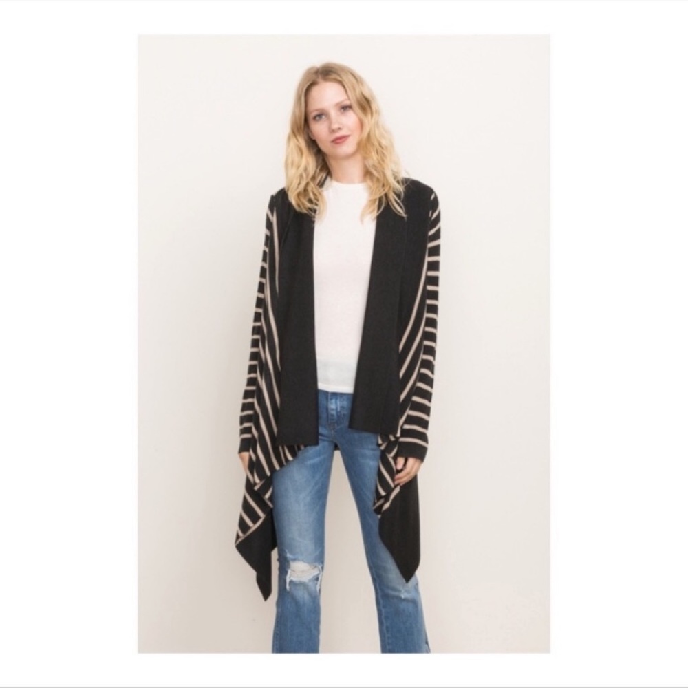 Mystree | Cardigan | Black & Beige Stripe Open Cardigan - Picture 2 of 12